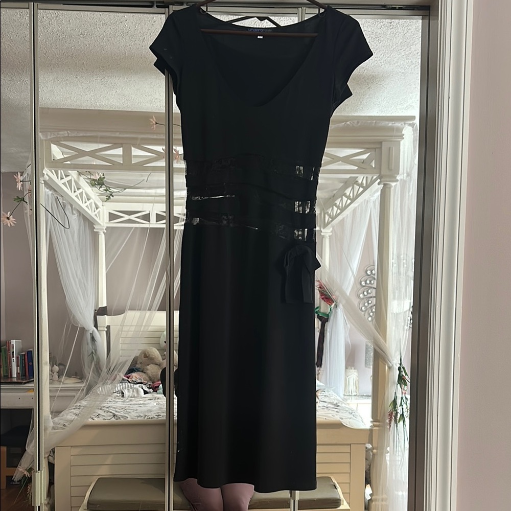 Ungaro Fever Black Sheath Dress with V-Neck Cap Sleeves